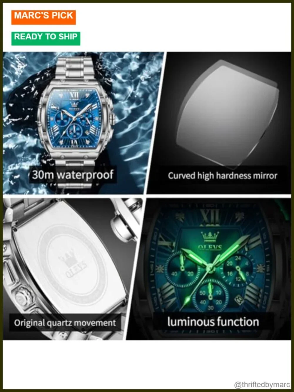 Men's Analog Quartz Chronograph Stainless Steel Dress Watch Waterproof 50mm